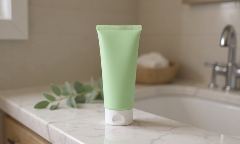 The product staged on a marble bathroom counter